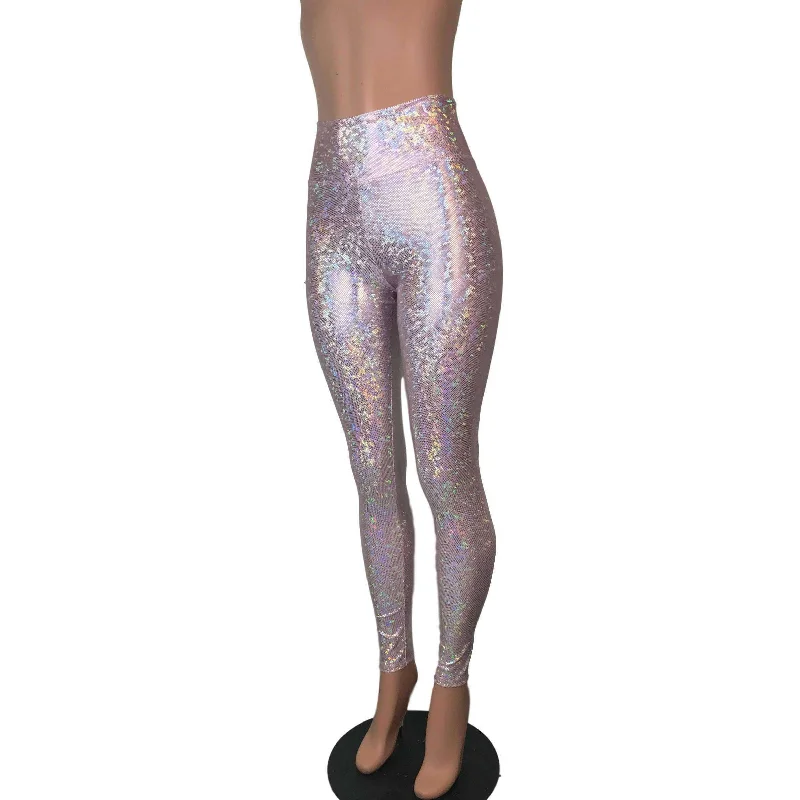 Blush Pink Shattered Glass Holographic Leggings Pants