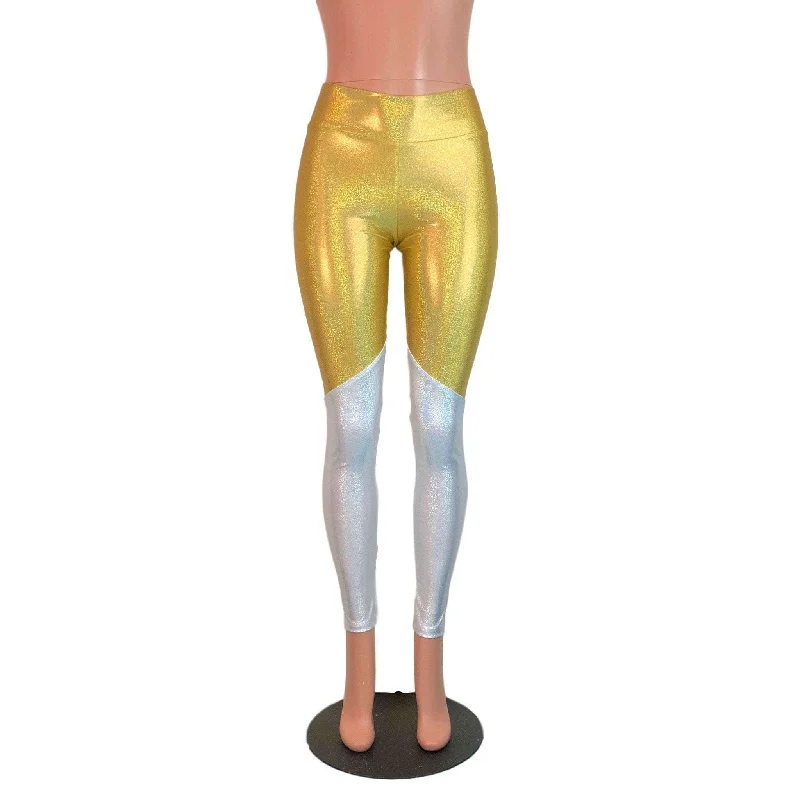 Gold and White Holographic Mystique *Mid-Rise* Leggings Pants