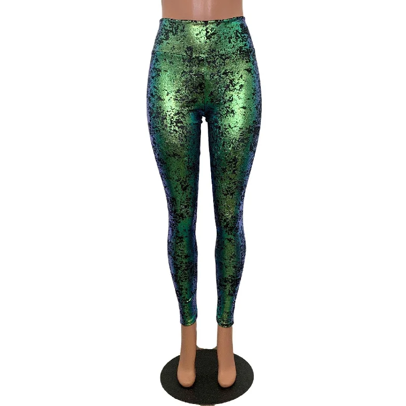 Green on Black Gilded Velvet High Waisted Leggings Pants