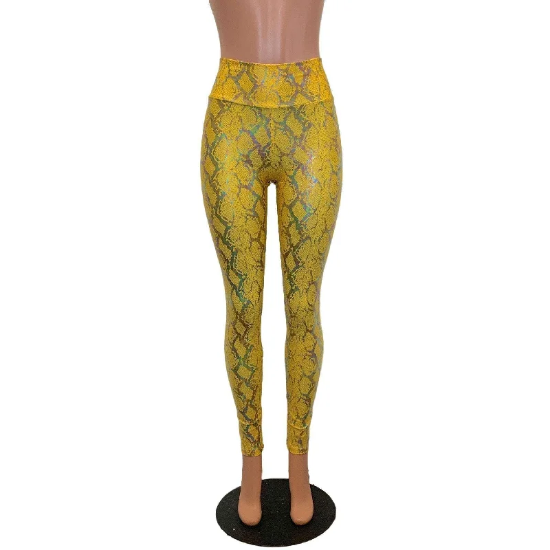 High Waist Leggings - Yellow Snakeskin Holographic