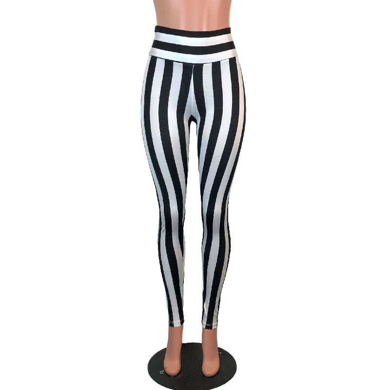 High Waisted Leggings - Black & White Stripe