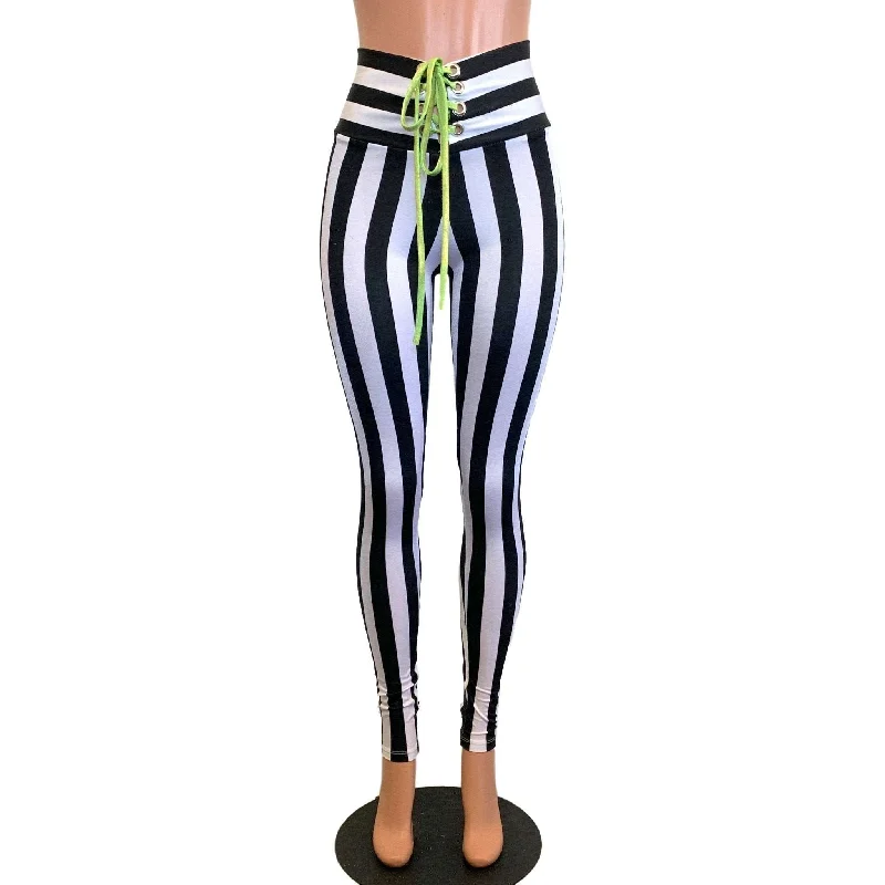 Lace-Up High Waist Leggings - Black & White Striped