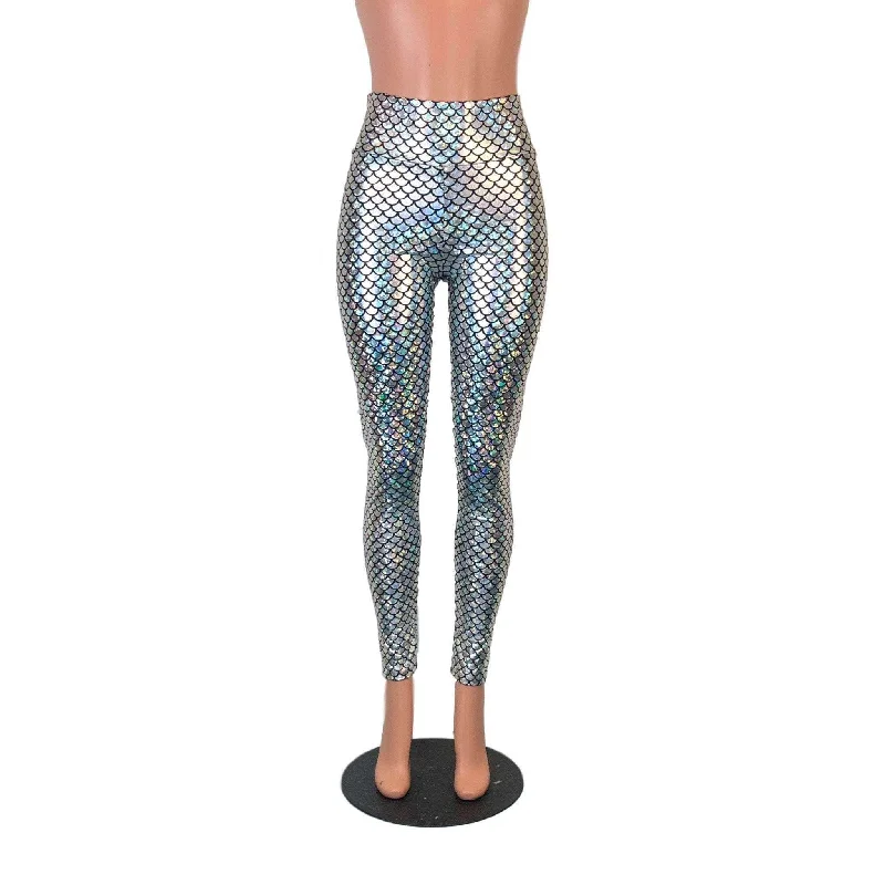 Silver Mermaid Scale Holographic High Waisted Leggings Pants