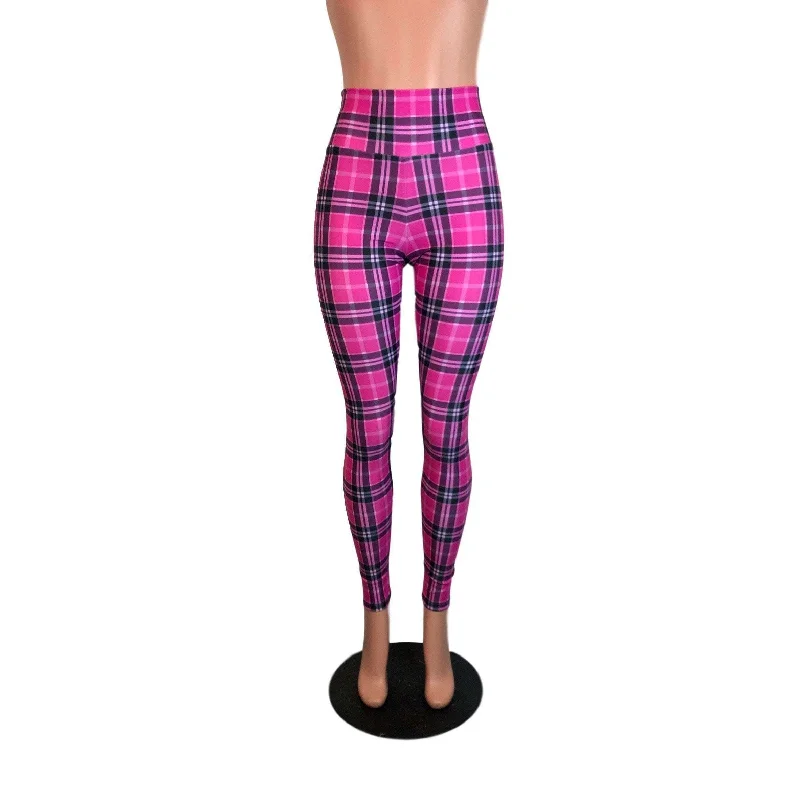 Pink Plaid High Waist Leggings Pants