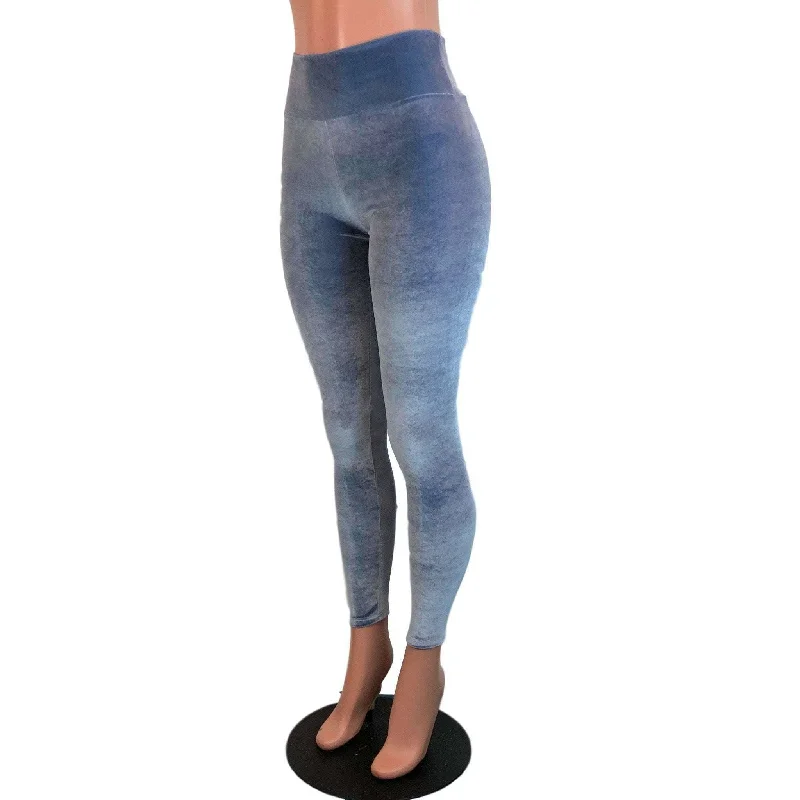 SALE - SMALL ONLY - Smoky Blue Velvet High Waisted Leggings Pants