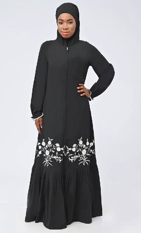 Modest Arabic Inida White Embroidered Abaya With Pockets