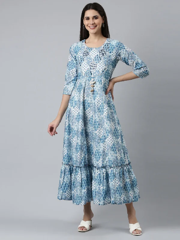 Neeru's Blue Straight Casual Printed Dress