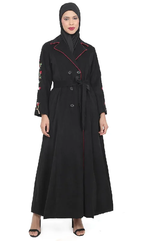 Women's Black Button Down Embroidered Corduroy Abaya