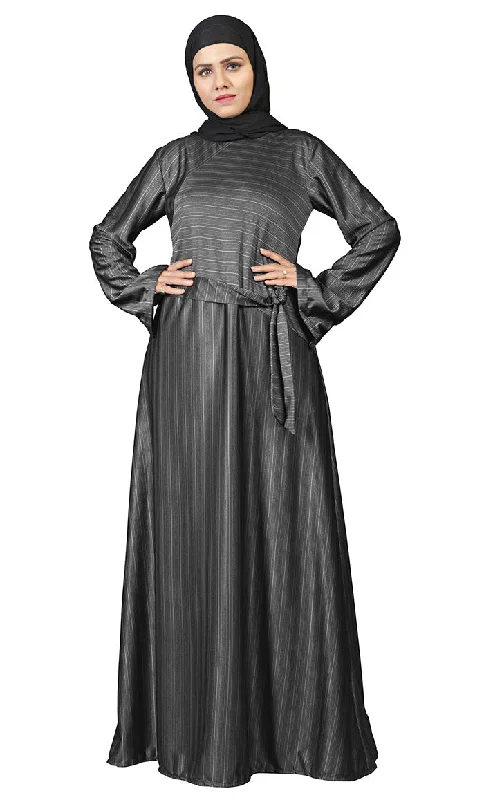 Women's Dark Grey Poly Jersey Stripe Abaya With Pockets