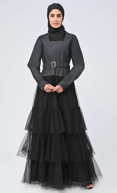 Women's Graceful Denim Flared Abaya With Net Detailing On Bottom