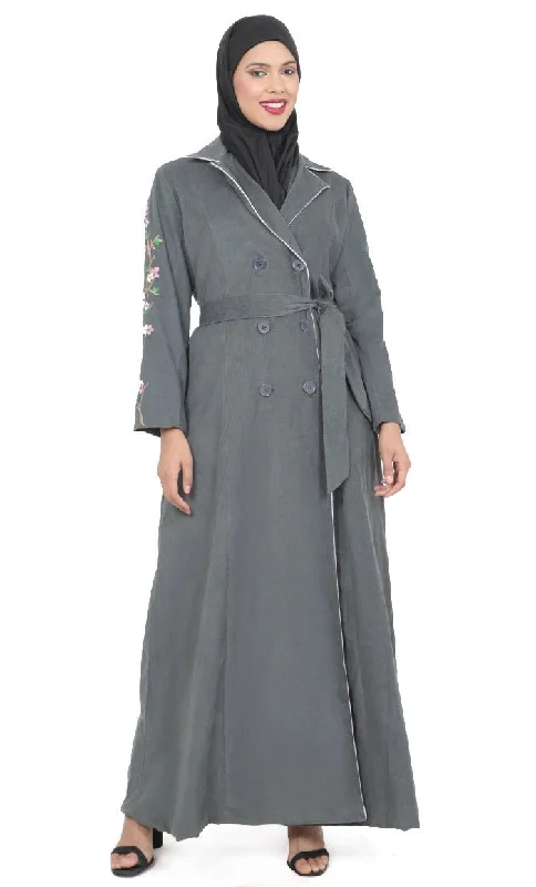 Women's Grey Button Down Embroidered Corduroy Abaya