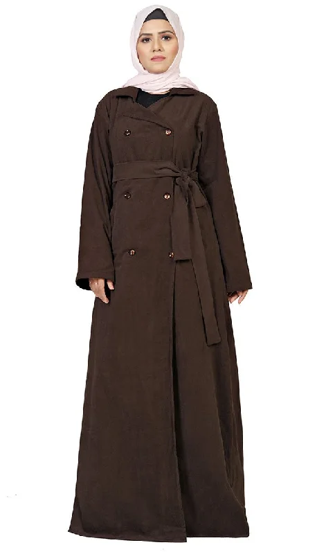 Women's Islamic Brown Corduroy Overlaped Jacket With Lose Belt And Pockets