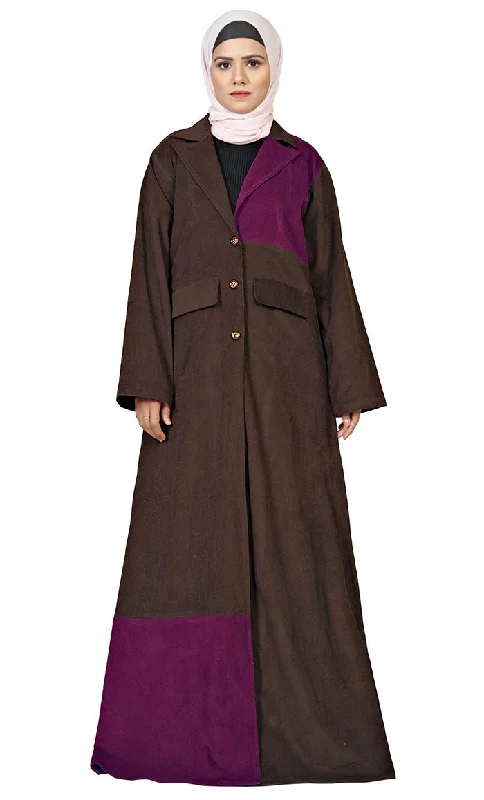 Women's Islamic Wine Contrasted Corduroy Panel Detailing Jilbab With Lose Belt And Pockets