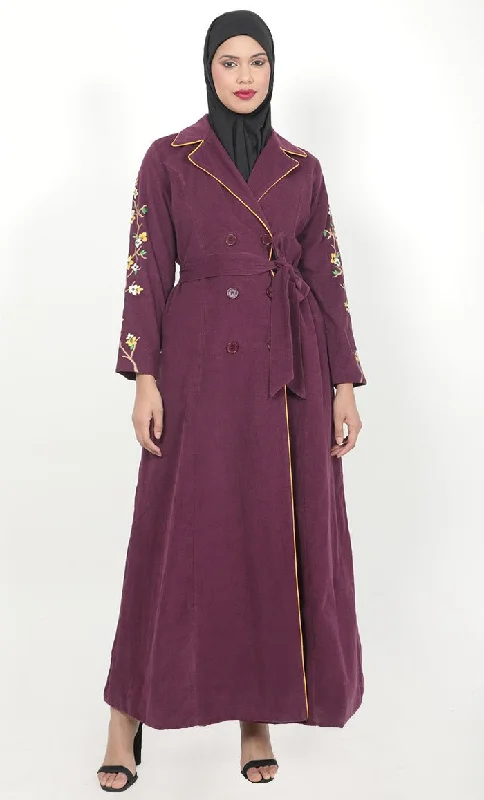 Women's Maroon Button Down Embroidered Corduroy Abaya