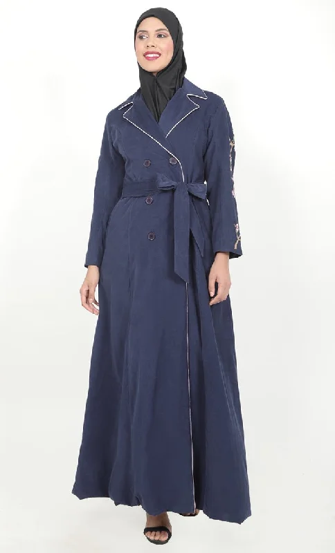 Women's Navy Button Down Embroidered Corduroy Abaya