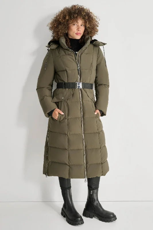 BOX QUILT LONG PUFFER WITH BELT