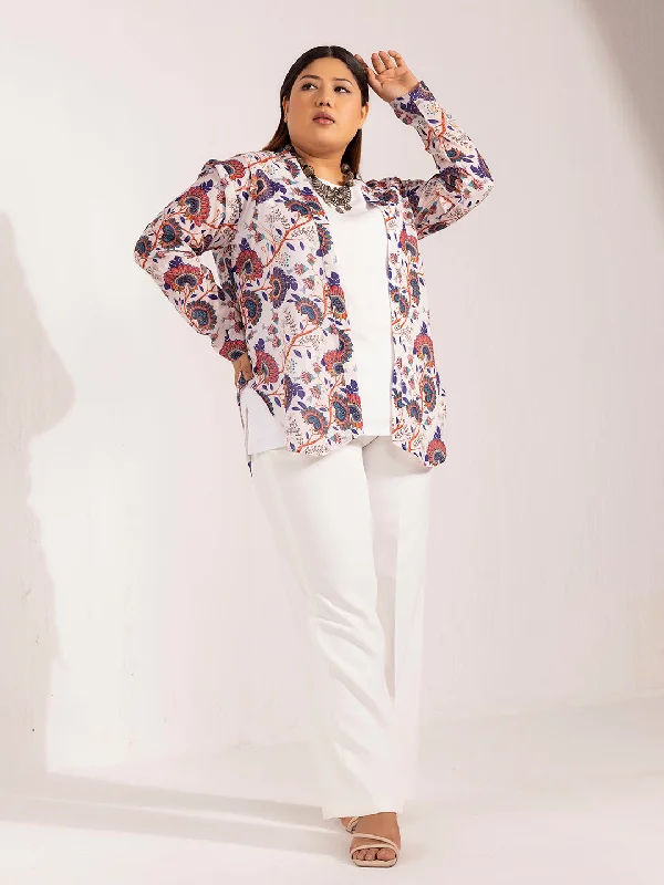 Front Open Printed Jacket- white and blue