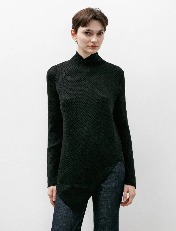 Asymmetrical Rib Knit Mockneck Black